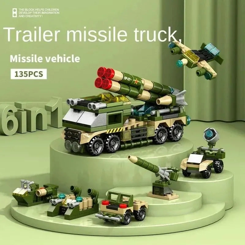 6-in-1 Police Truck Mech Dinosaur Building Blocks - Tank, Helicopter & Fire Truck Educational Toy