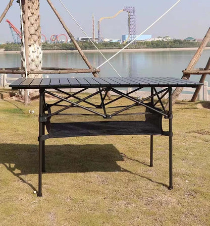 Outdoor Folding Long Table – Portable Black Camping Desk with Net Bag, Easy Setup & Stable for BBQs