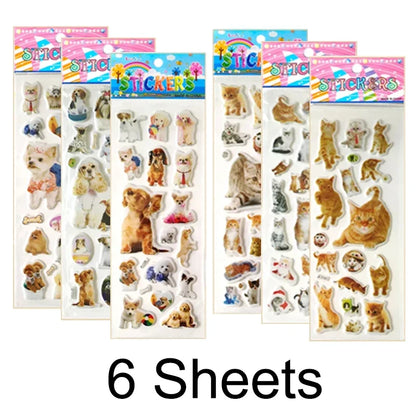 3D Dog & Cat Stickers 6 Sheets - Cute Pet Car Decals Scrapbook Reward Stickers for Kids Gifts