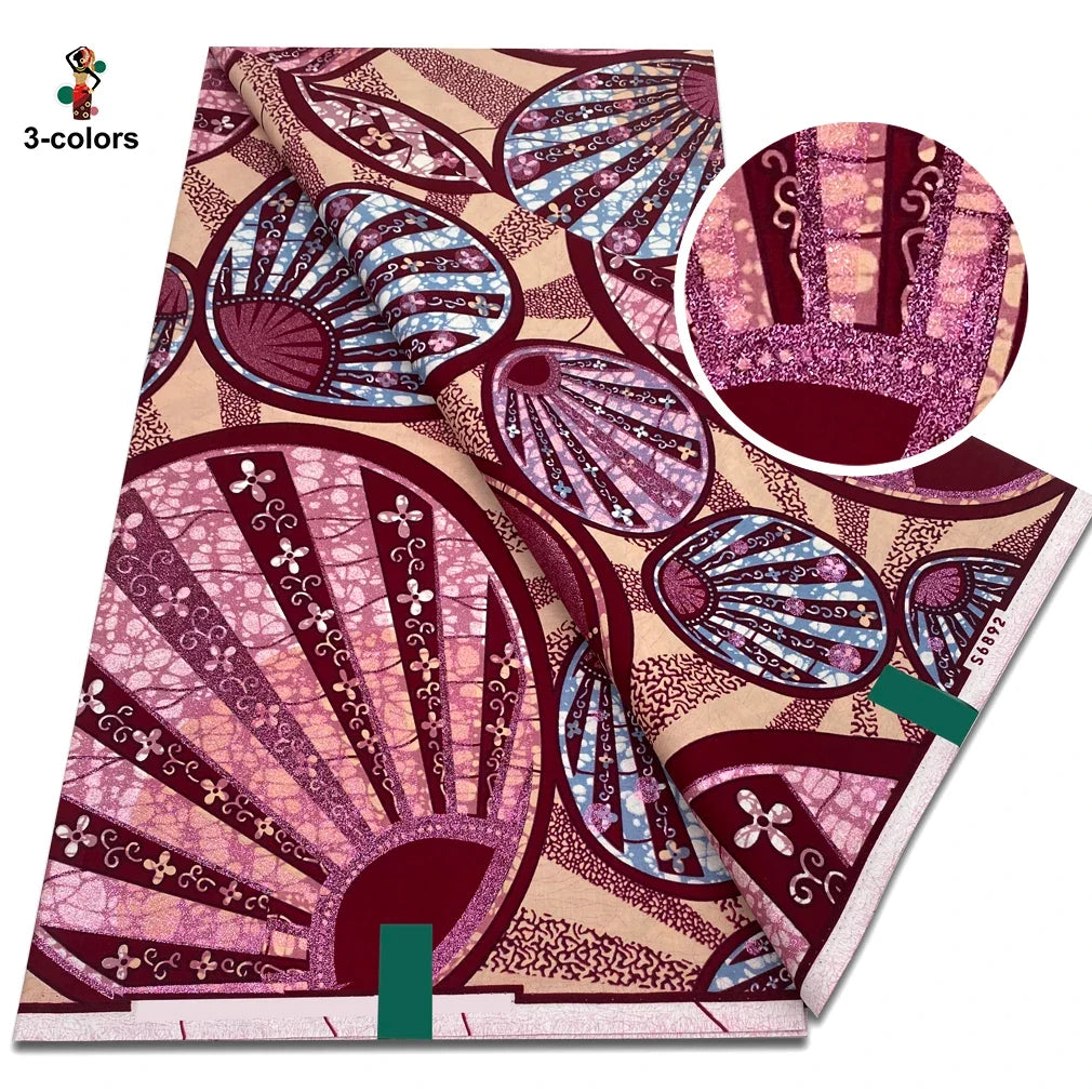 African Glitter Glam Wax Fabric - 100% Cotton Golden Ankara Print 6 Yards