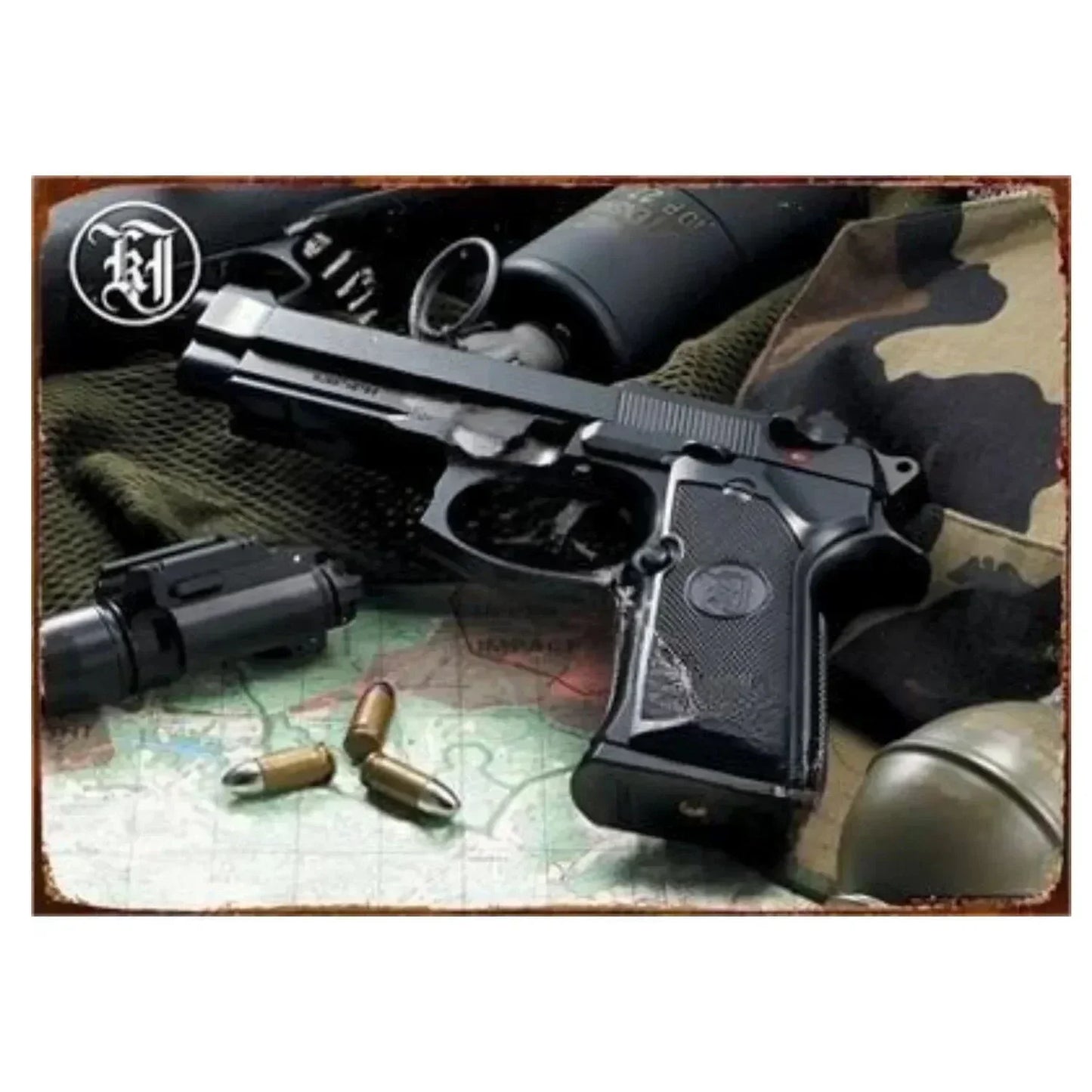 Pistol Metal Wall Sign - Military Style Decoration for Man Cave Home Cafe Bar Garden