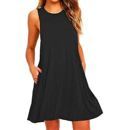 Women's Summer Casual T-Shirt Dress - Sleeveless Pleated Beach Cover-Up with Pockets
