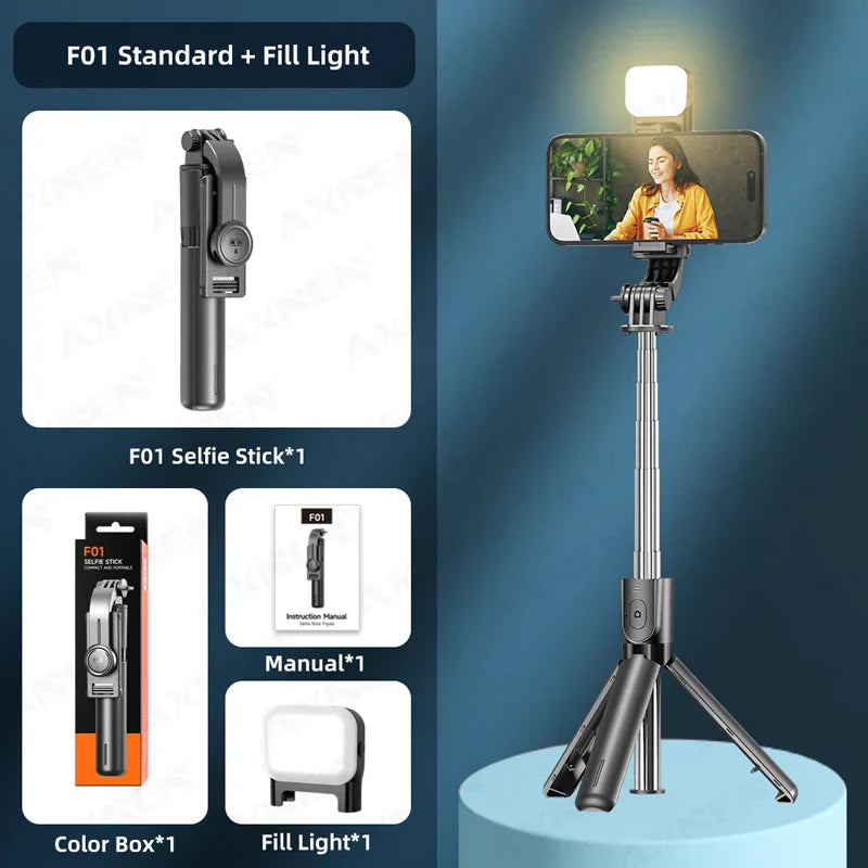 Bluetooth Selfie Stick Tripod with Wireless Remote and Phone Holder – Adjustable Desktop Stand for iPhone & Android, Optional Fill Light
