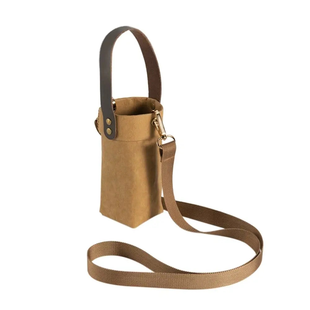 Kraft Paper Water Bottle Carrier Bag - Washable Insulated Pouch Holder with Shoulder Strap for Outdoor Travel