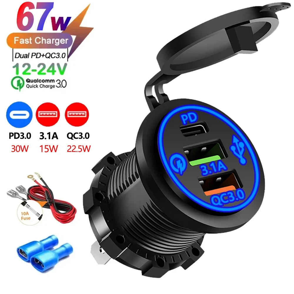 USB Car Charger 12/24V - Dual Socket PD3.0 & QC3.0 Fast Charging Station with LED Voltmeter Switch