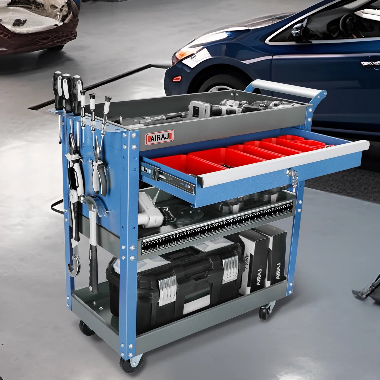 AIRAJ 3-Tier Rolling Tool Cart – 440LBS Capacity Mechanic Storage Cart on Wheels for Garage & Warehouse, Blue