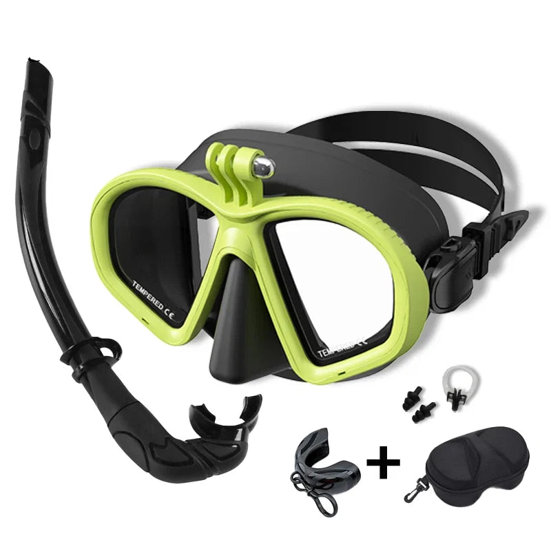 Freediving Mask with Camera Mount - Two-Window Tempered Glass Waterproof Anti-Fog Snorkeling Mask