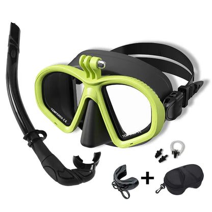 Freediving Mask with Camera Mount - Two-Window Tempered Glass Waterproof Anti-Fog Snorkeling Mask