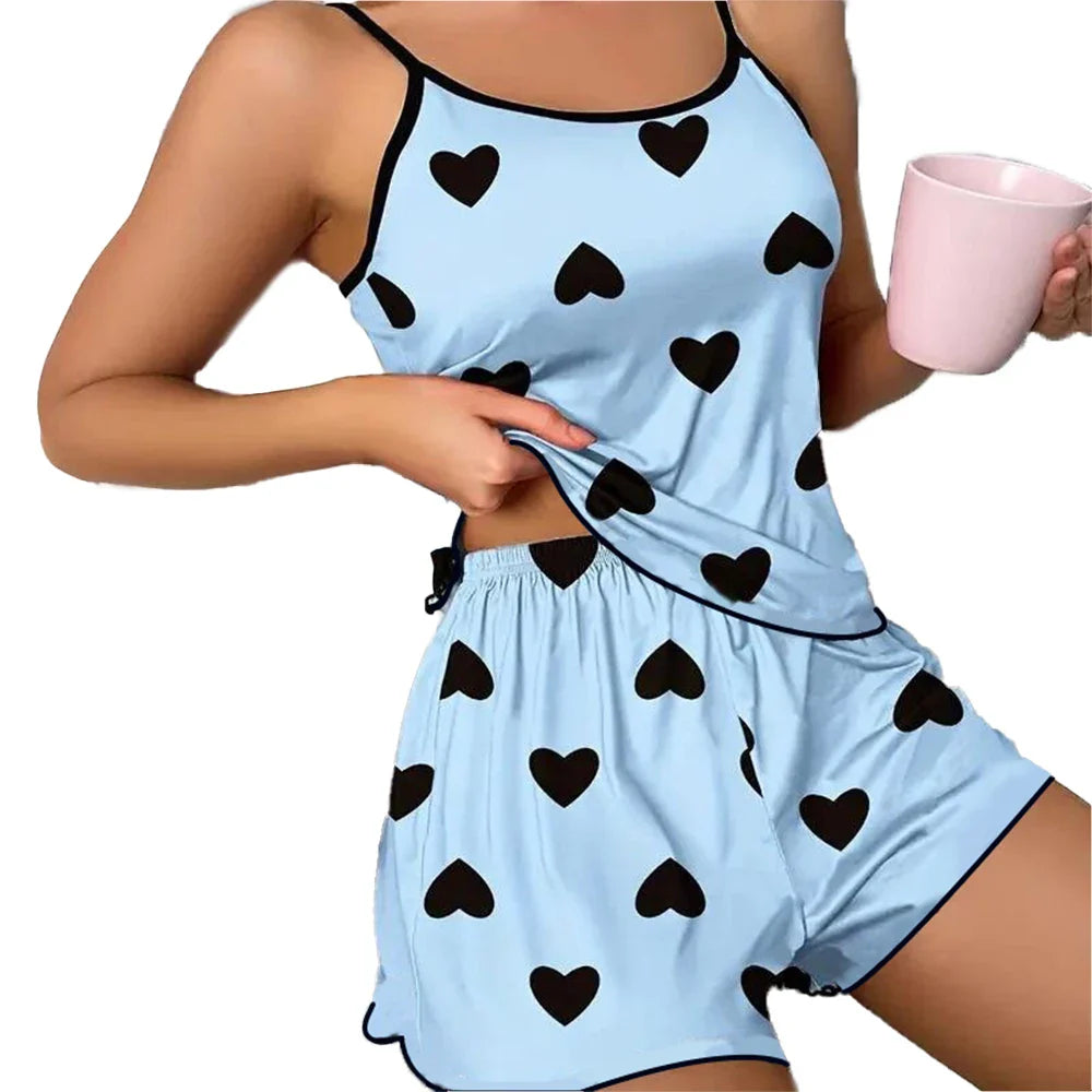 Women’s Summer Pajama Set – Pink Heart Print Ice Silk T-Shirt & Shorts, Comfortable Casual Round Neck Sleepwear
