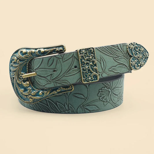 Vintage Leaf Print Women’s Belt - Dark Carved Autumn Winter Casual Waist Accessory