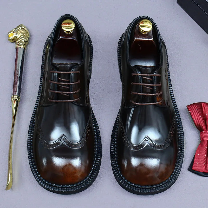 Men's Retro Genuine Leather Brogue Shoes - Handmade Round Toe Flat Dress Shoes for Weddings & Formal Occasions