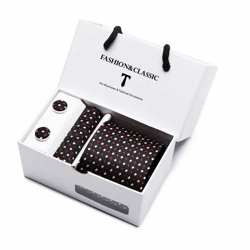 Black Paisley Tie Set - Men's Necktie, Pocket Square & Cufflinks Gift Box for Weddings & Formal Wear