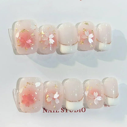10 Pcs Handmade Short Square Press-On Nails – Full Cover Flower & Cat Eye Ballet False Nails Manicure Tips