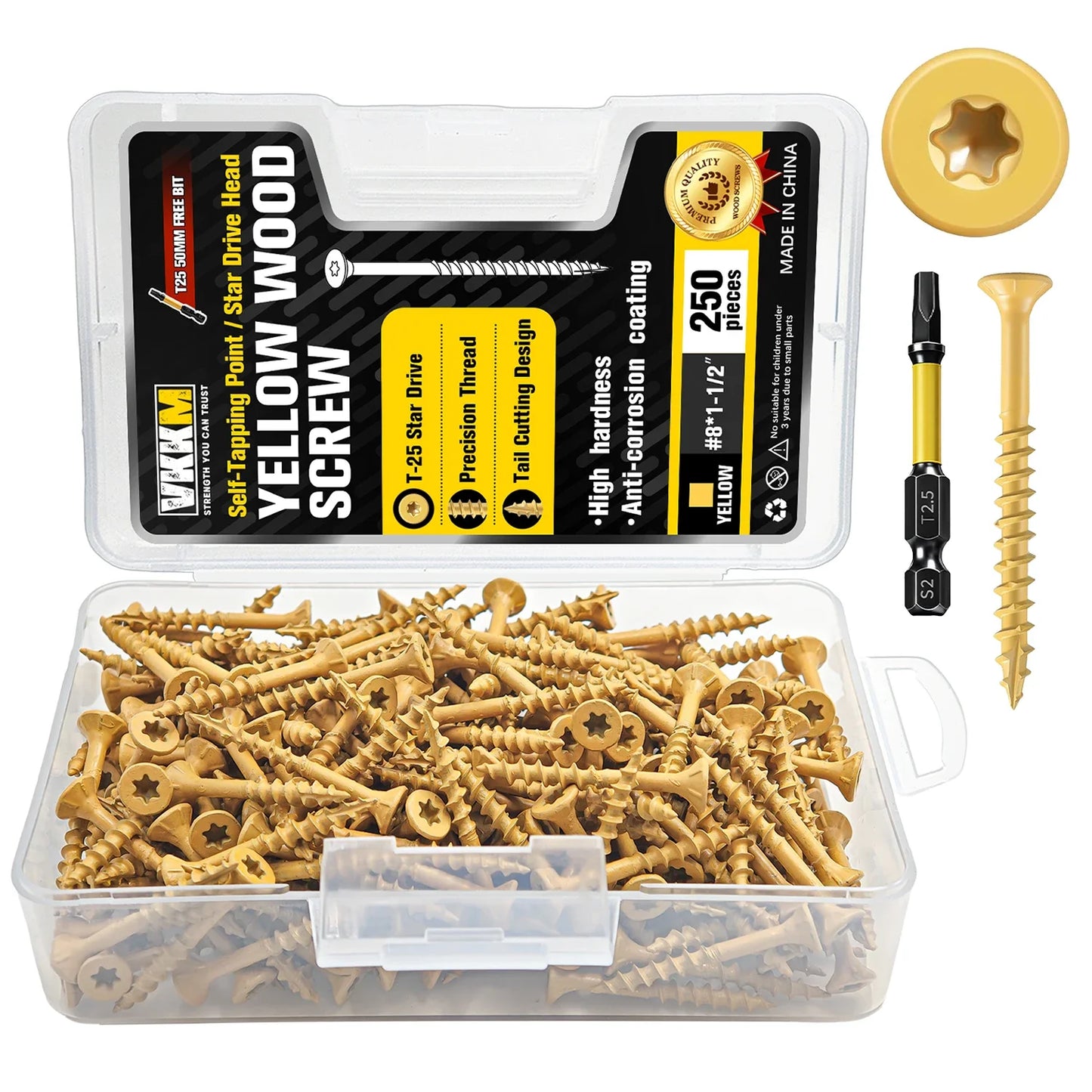 250-Piece T25 Yellow Wood Screws - #8 x 1.5-Inch Star Drive Self-Tapping Screws for DIY, Decks, Fences & Furniture