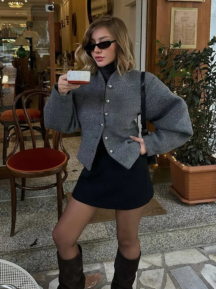 2025 Women's Burgundy Woolen Coat – Fashion Stand Collar, Puff Sleeves, Oversized Elegant High Street Jacket