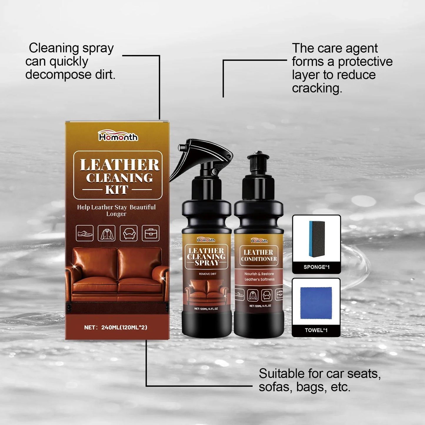 Leather Cleaner & Conditioner Kit - Deep Nourishing Spray Cream for Restoring Softness, Shine & Preventing Cracks