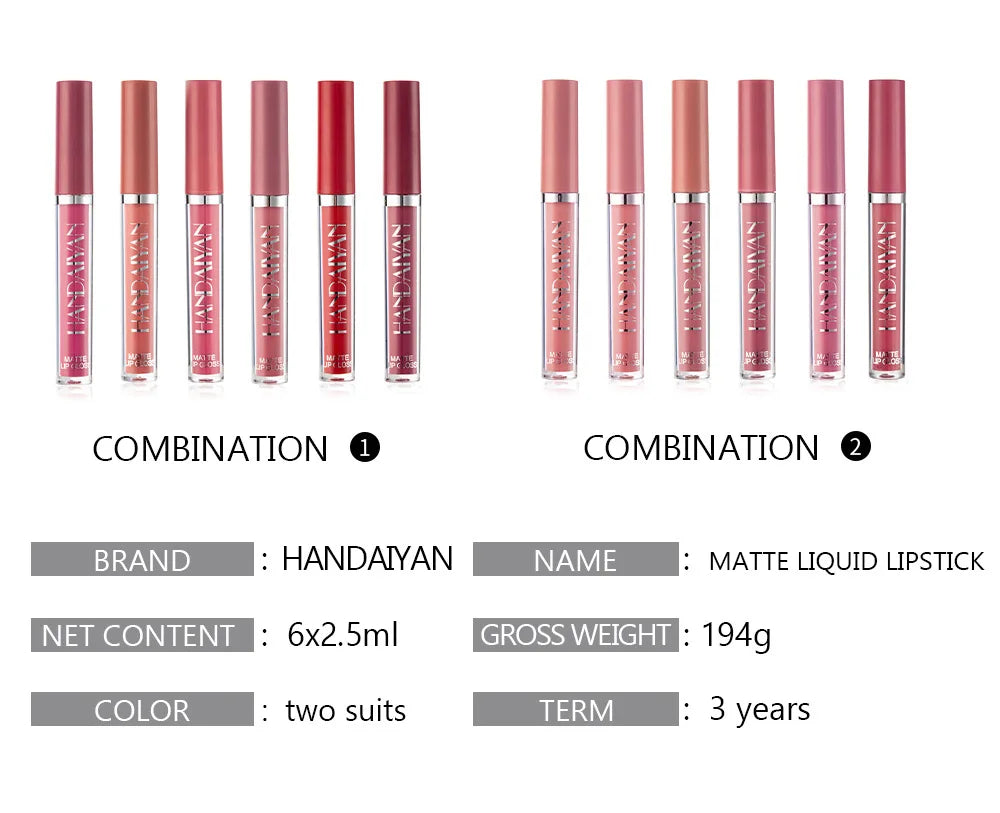HANDAIYAN 6-Piece Matte Lipstick Set – Waterproof, Long-Lasting, Non-Stick Cup Korean Makeup for Women