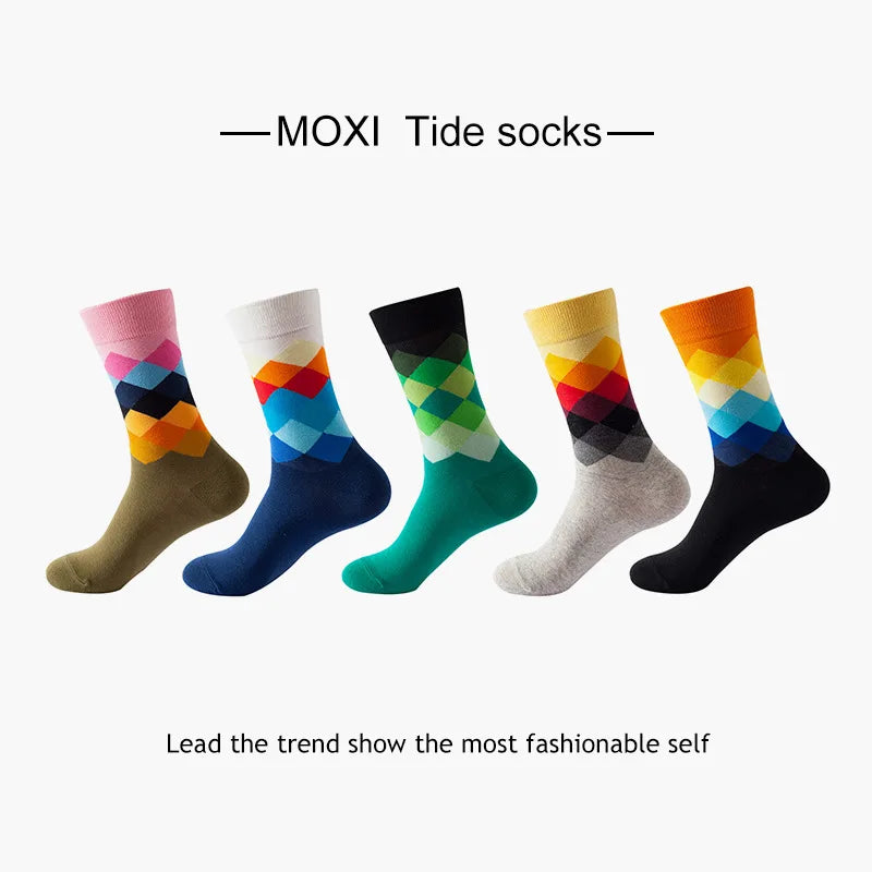 5-Pair Men’s Cotton Sports Socks Pack - Hip Hop Harajuku Pastel Print Long Tube Running Casual Socks