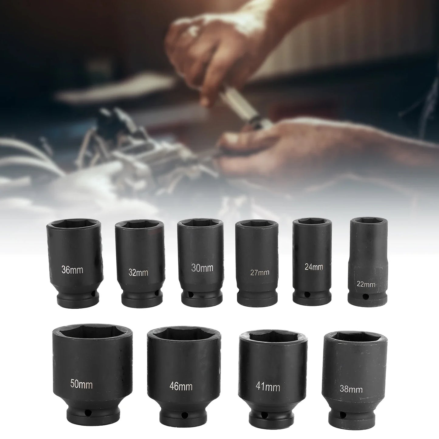 10PCS Metric Deep Impact Socket Set - 3/4-Inch Drive 6-Point Auto Repair Tools 22-50mm
