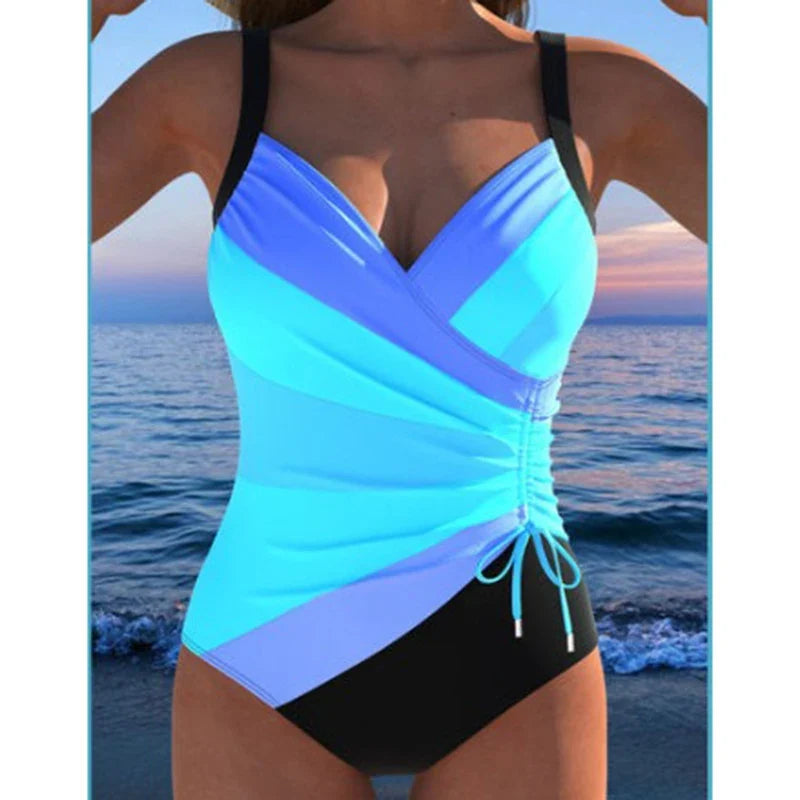Printed V Neck One Piece Swimsuit - Women's Slim Fit Side Drawstring Bodysuit Beachwear Bathing Suit