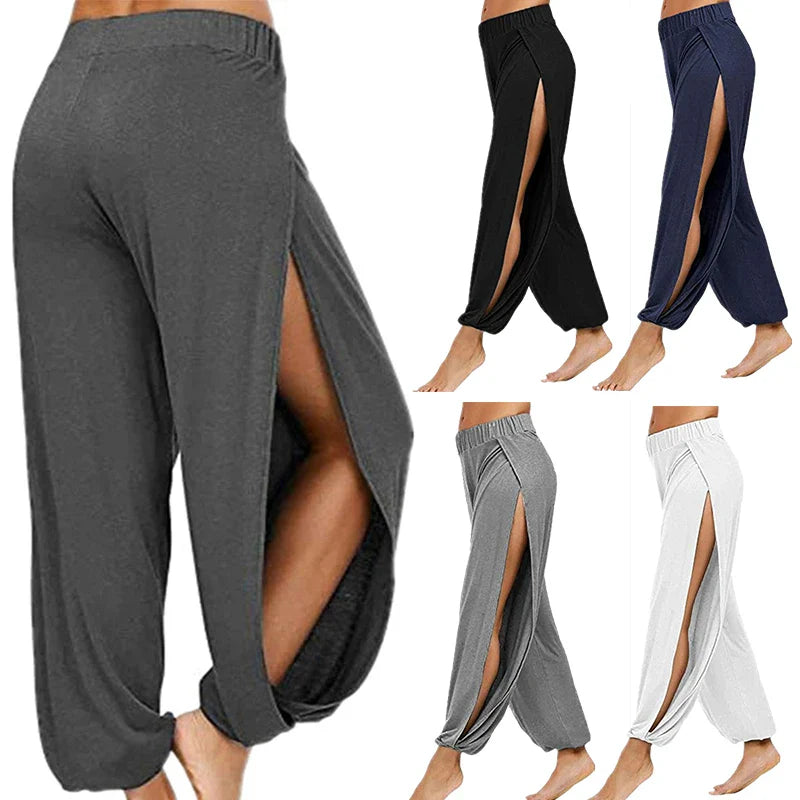 Women's Fashion Yoga Pants: High-Waisted Slit Wide Leg Harem Pants, Gym Leggings Casual Solid Hollow Workout Trousers for Gym and Home Wear