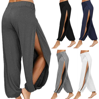 Women's Fashion Yoga Pants: High-Waisted Slit Wide Leg Harem Pants, Gym Leggings Casual Solid Hollow Workout Trousers for Gym and Home Wear
