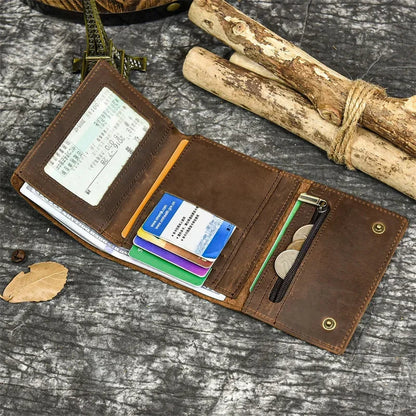Men’s Genuine Leather Short Wallet with Chain – Trifold Zipper Clutch, Card Holder & Coin Purse