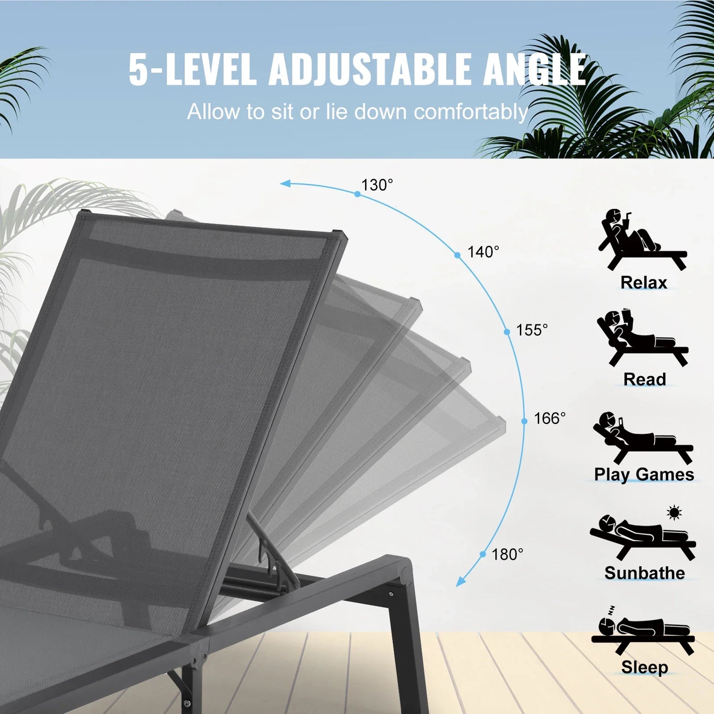 SucceBuy Outdoor Aluminum Chaise Lounge Chair — Folding Patio Pool Recliner, Full Flat Sun Lounger in Dark Grey