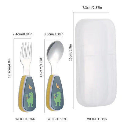 Toddler Dinosaur Spoon & Fork Set - Stainless Steel Cartoon Feeding Utensils with Short Handle for Kids