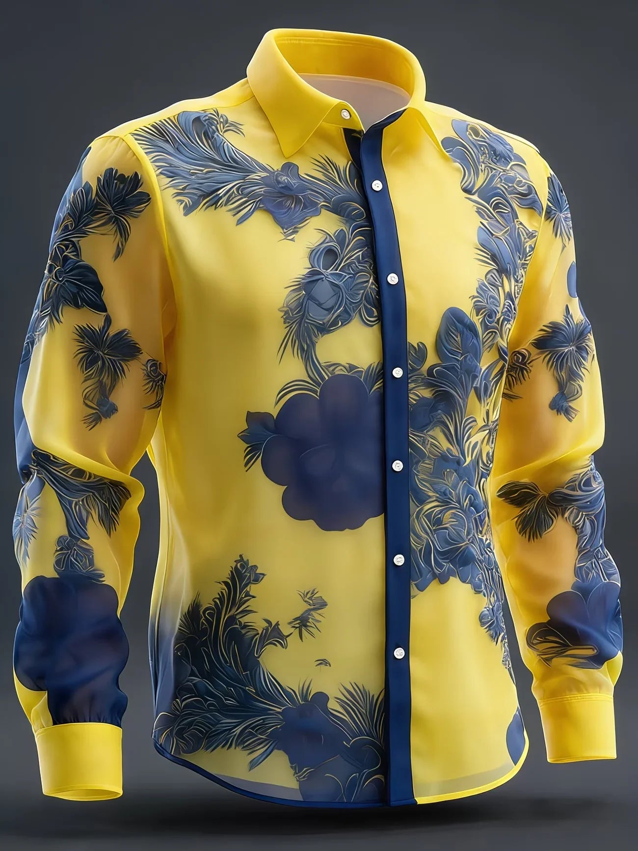 Men’s Geometric Diamond Wings Shirt - Orange Bottom Printed Long Sleeve Satin Collar Dress Shirt