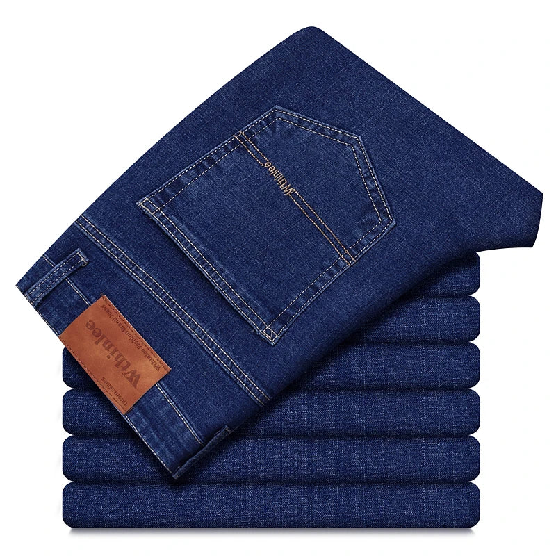 Men's Classic Stretch Jeans - Business Casual Straight Leg Denim Work Trousers in Blue & Black