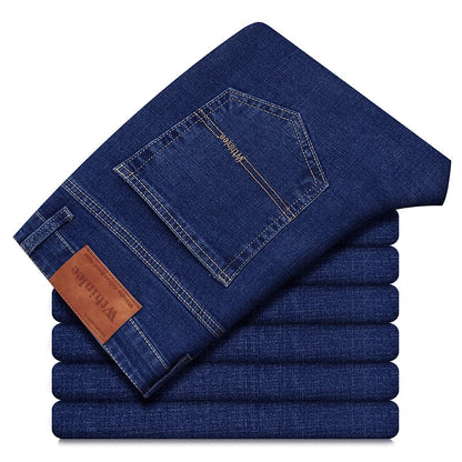 Men's Classic Stretch Jeans - Business Casual Straight Leg Denim Work Trousers in Blue & Black