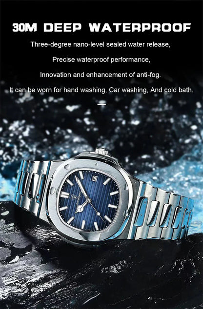POEDAGAR Luxury Men's Watch – 30ATM Waterproof, Stainless Steel Square Quartz, Luminous Date, Business reloj hombre