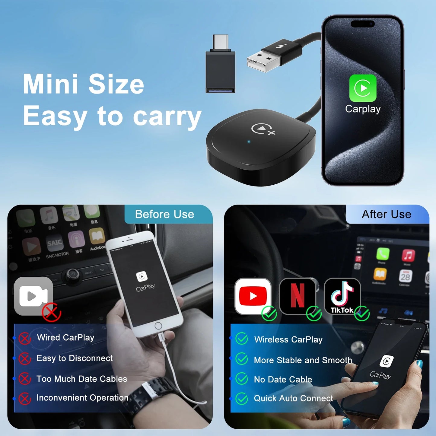 Wireless Video CarPlay Adapter - Supports Netflix, YouTube, TikTok for OEM Wireless CarPlay Vehicles