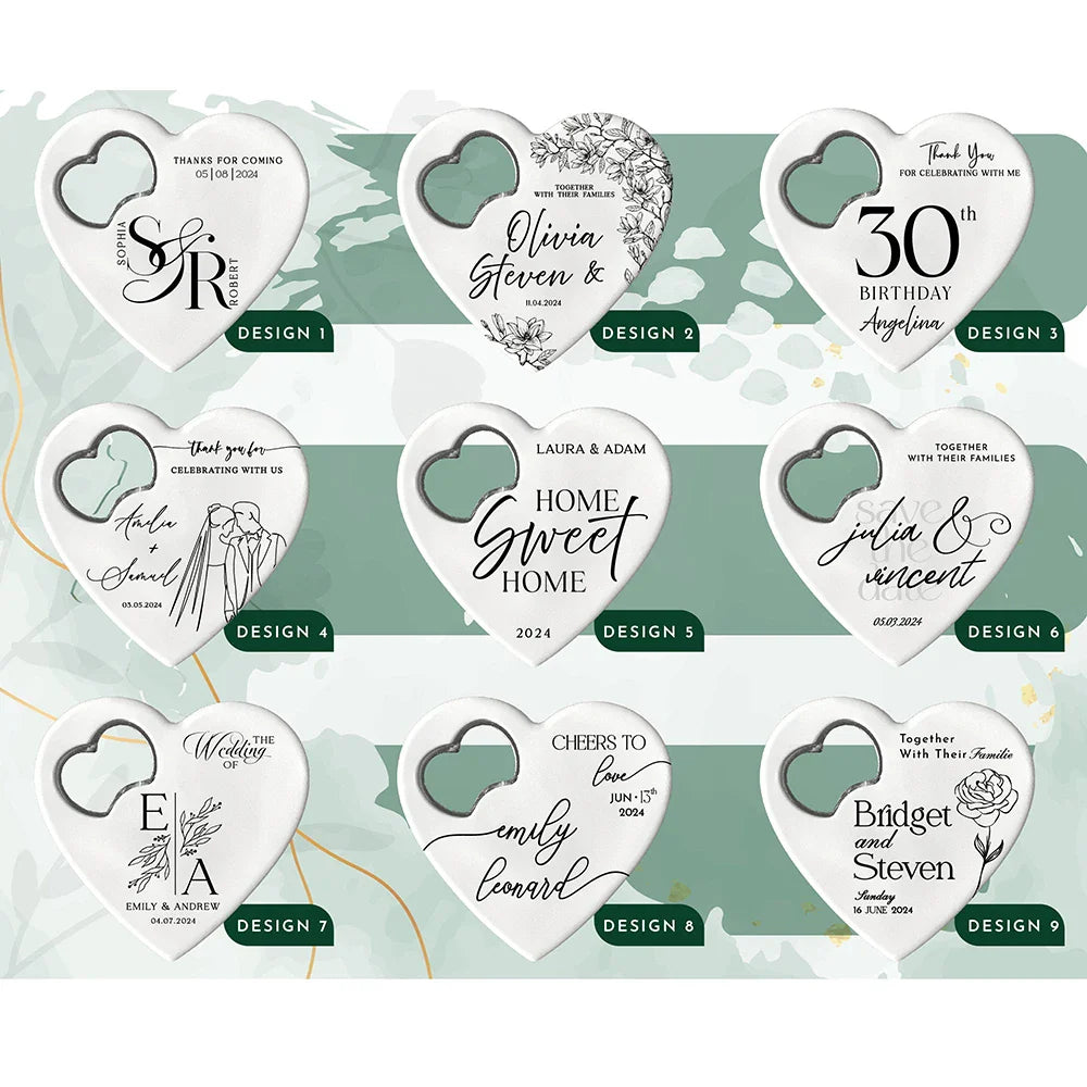 Custom Heart-Shaped Magnet Bottle Opener – 10-30pcs Engraved Bridal Shower & Wedding Party Favors in Bulk