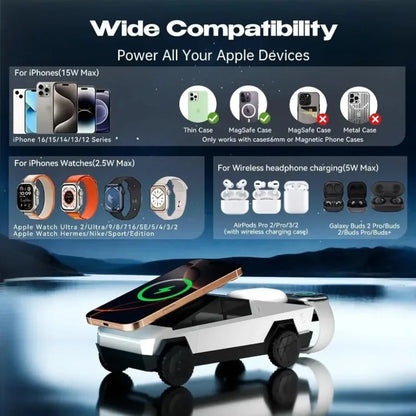 3-in-1 Magnetic Wireless Charger Stand - Cybertruck Desktop Phone Holder for iPhone 17-12 Pro Max Apple Watch & AirPods Pro