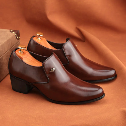 Premium Leather Men’s Slip-On Loafers - Business Casual Wedding Plaid Design Height Increasing Shoes