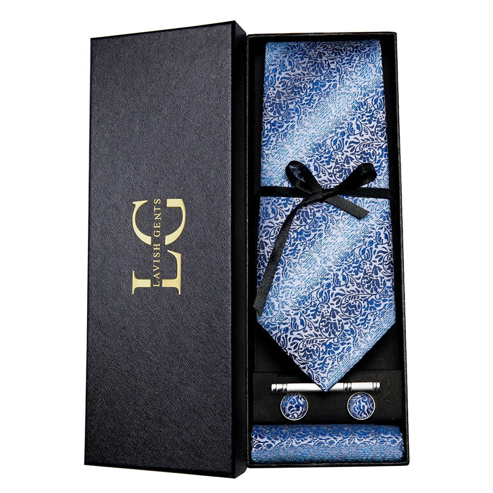 Hi-Tie Luxury Paisley Teal Green Tie Set - Men’s Classic Necktie with Handkerchief & Cufflinks Gift Box for Wedding & Formal Wear