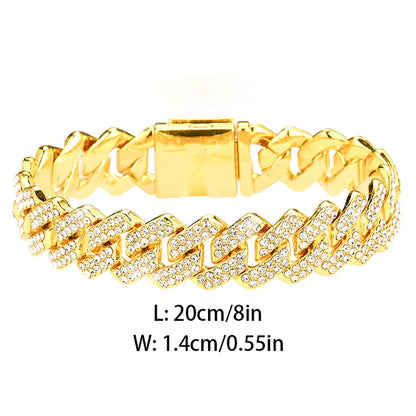 Hip Hop Shiny 15MM Cuban Link Chain Necklace | Silver Color Rhinestone Iced Out | Punk Jewelry for Women & Men | Gift