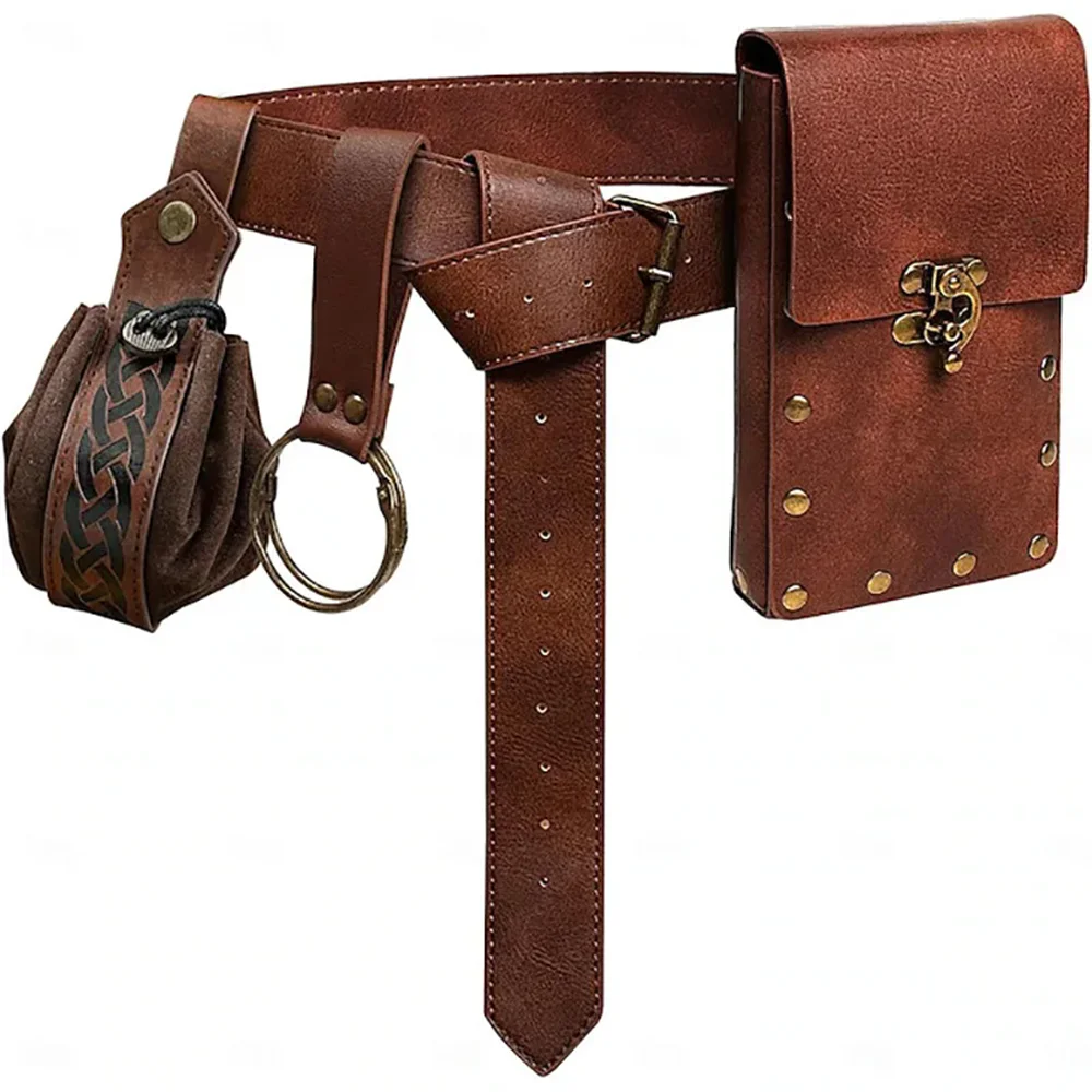 4PCS Medieval Cosplay Leather Belt Set – Copper Coin Waist Bag, Renaissance & Steam Role Playing Halloween Costume Accessories