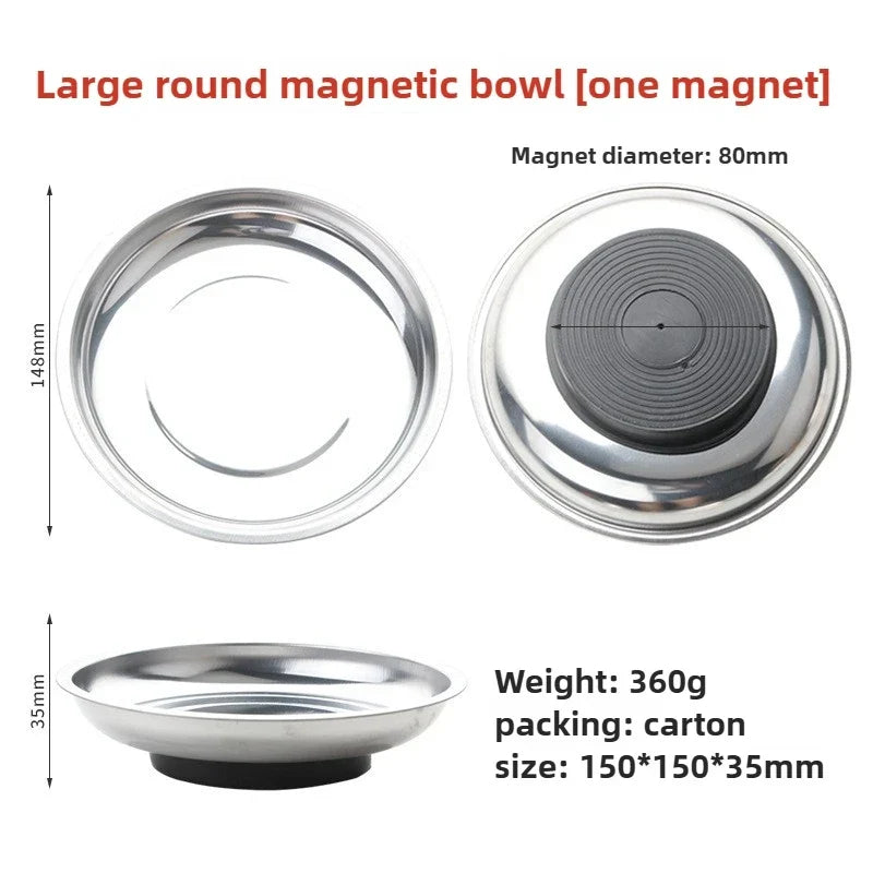 Magnetic Stainless Steel Parts Tray - Round & Square Bowl Organizer for Screws, Nuts, Bolts and Small Parts Storage