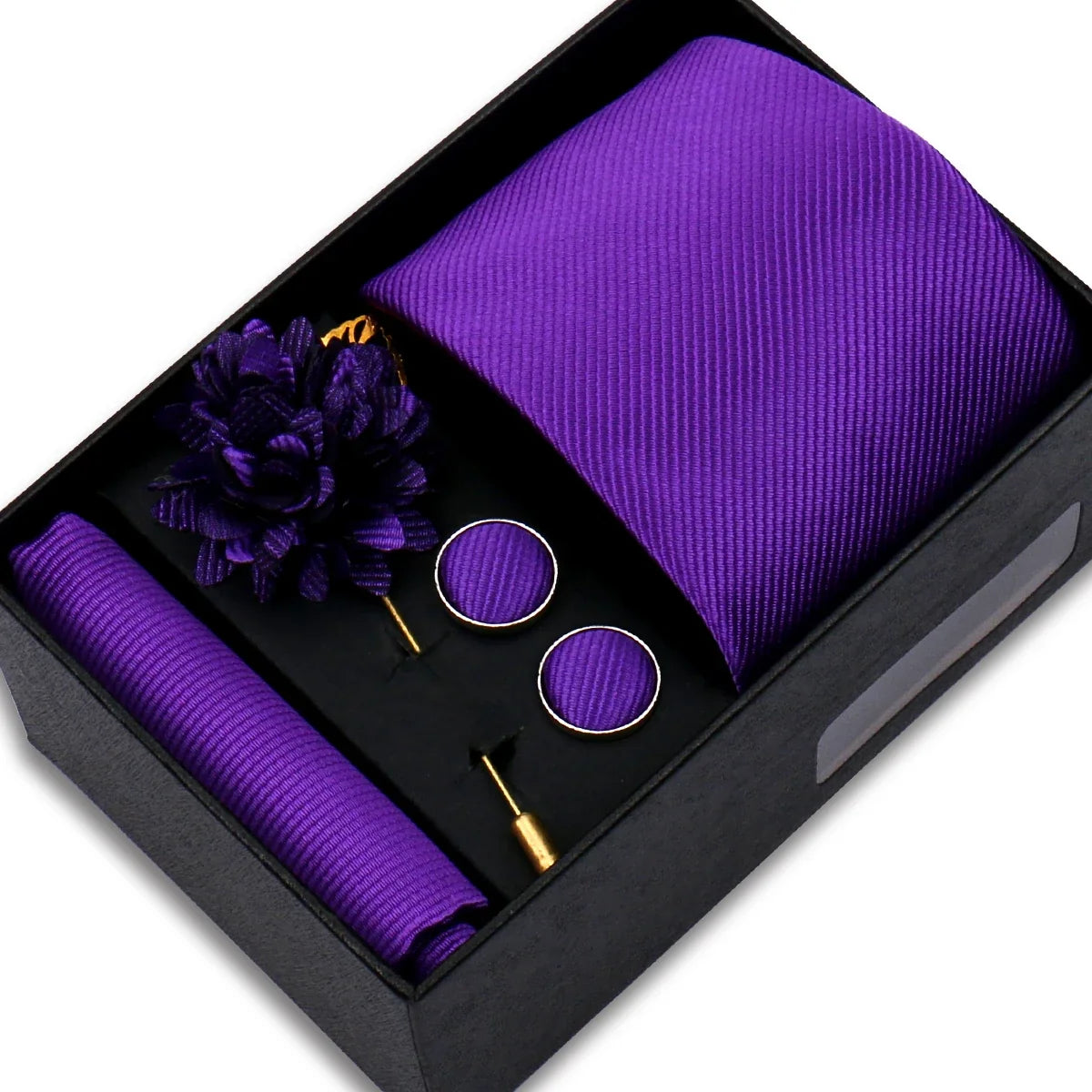 Men's Solid Color Tie Set - Jacquard Necktie, Hanky, Cufflinks & Brooch Gift Box for Weddings