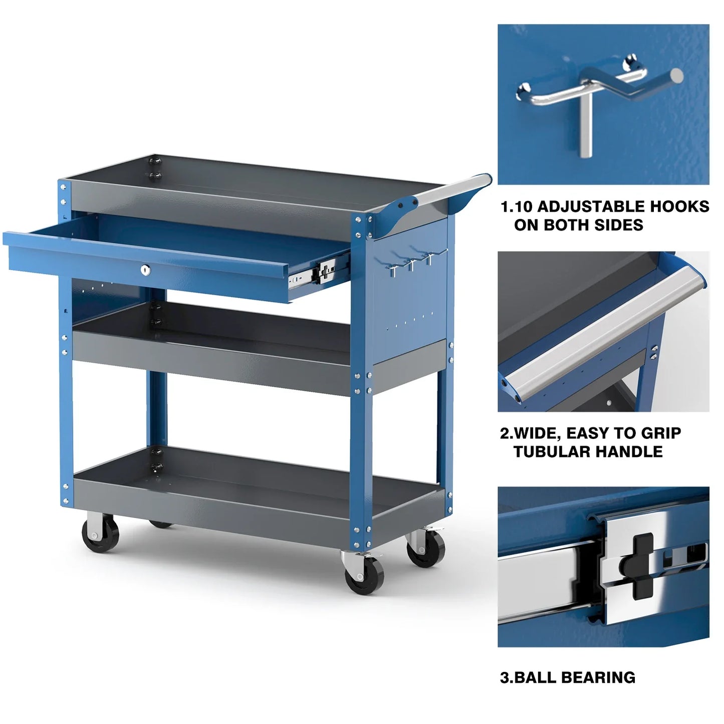 AIRAJ 3-Tier Rolling Tool Cart on Wheels - 440 lbs Capacity Storage for Garage & Warehouse, Available in Blue/Black/Red