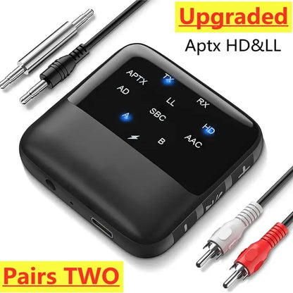 Bluetooth 5.2 Receiver Transmitter: APTX HD Low Latency 2-in-1 Wireless Audio Adapter - 3.5mm AUX for Car, Headphones, Speaker, TV, PC