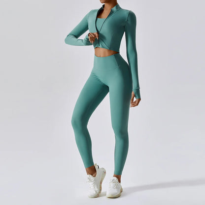 3PCS Women’s Yoga & Workout Set – Long Sleeve Zipper Top with High Waist Leggings Fitness Sportswear