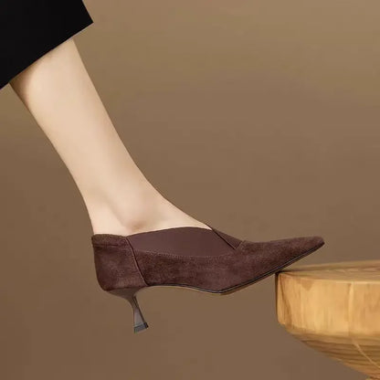 Women’s French Retro Ankle Boots - Pointed Toe Kitten Heels with Elastic Deep-Cut Design