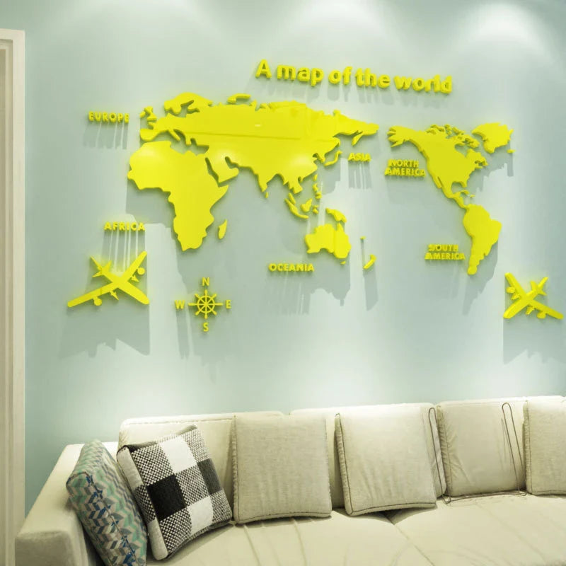 3D Acrylic World Map Wall Stickers – Three-Dimensional Mirror Decals for Bedroom & Office Decoration