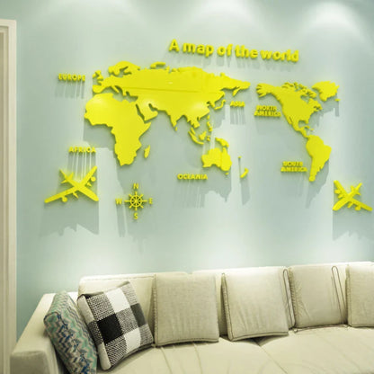 3D Acrylic World Map Wall Stickers – Three-Dimensional Mirror Decals for Bedroom & Office Decoration