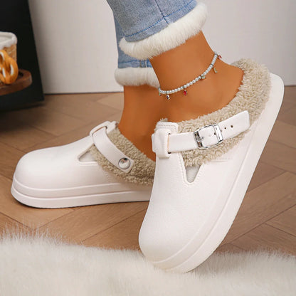 Women’s Winter Plush Mules Slippers - Waterproof EVA Furry Slides with Warm Lining, Metal Buckle & Non-Slip Sole