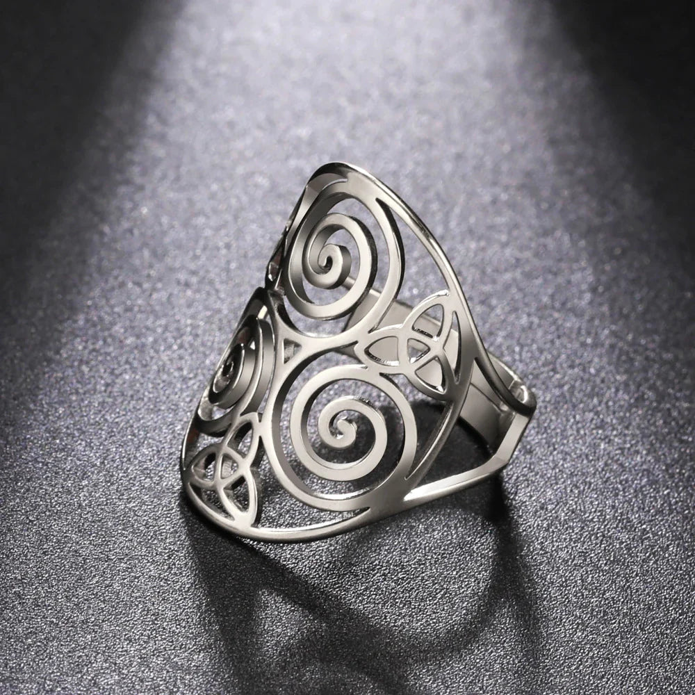 Triskelion Amulet Adjustable Ring – Celtic Knot Stainless Steel Ring for Men & Women, Wicca Vintage Jewelry Gift
